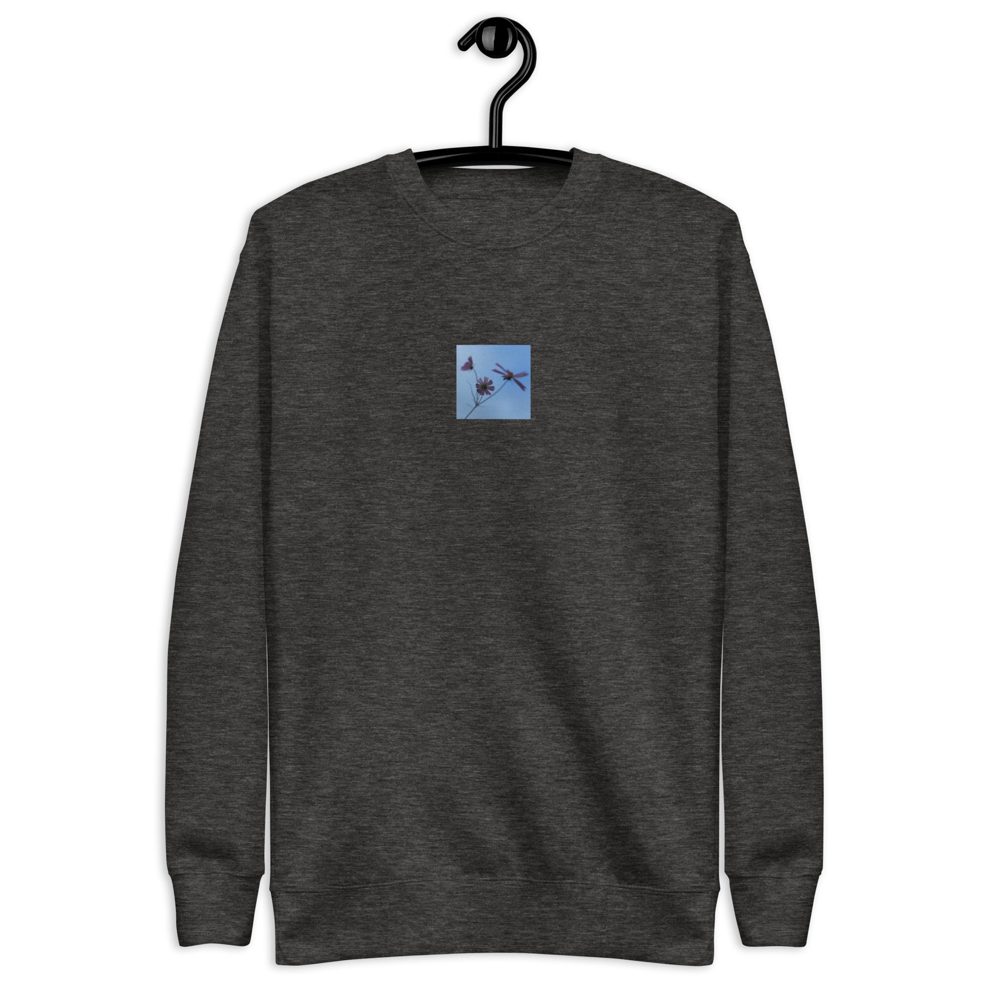Three Cosmos Flowers Botanical Art – Unisex Premium Sweatshirt, Charcoal Heather, Front View