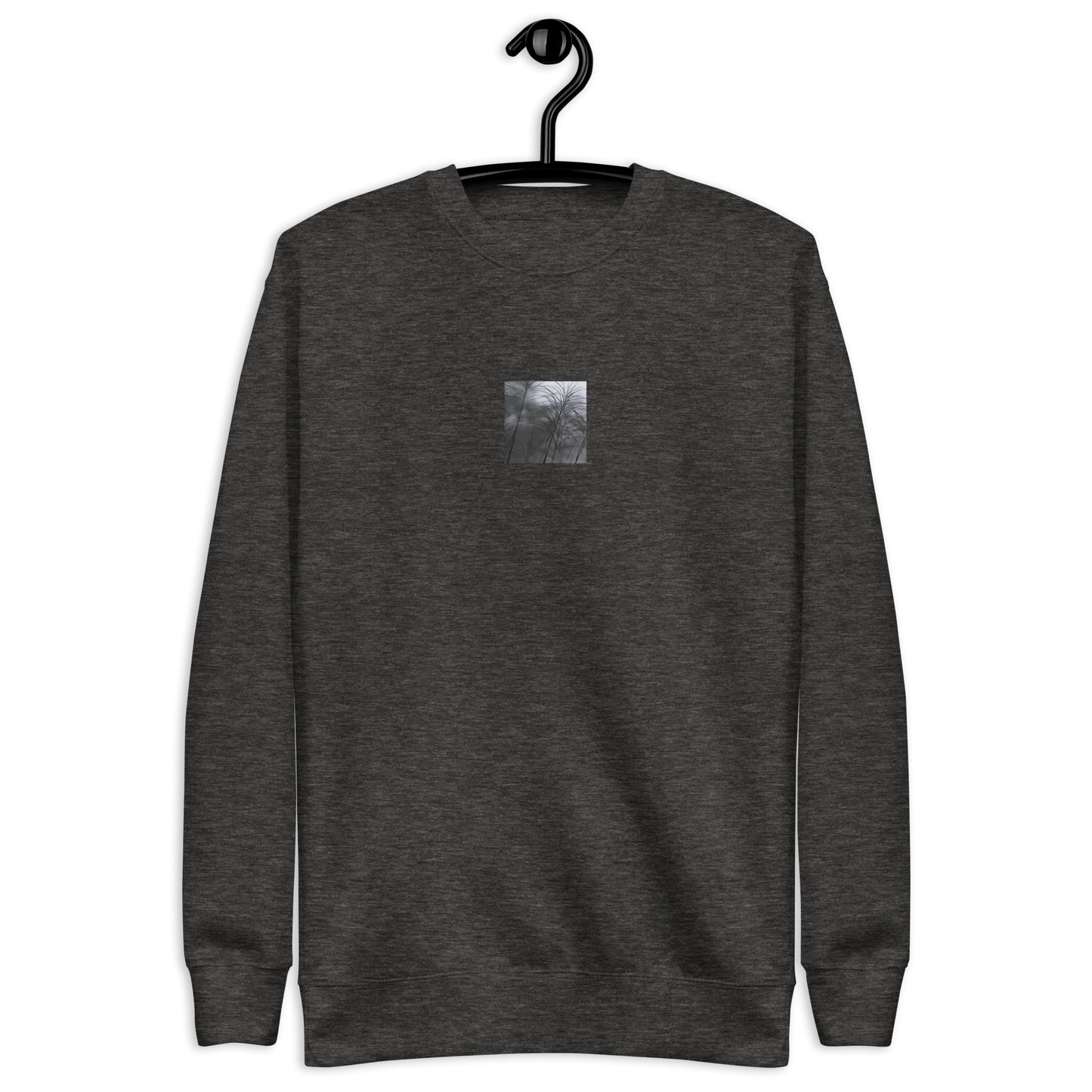 Silver Grass Cluster Botanical B&W Art – Unisex Premium Sweatshirt, Charcoal Heather, Front View