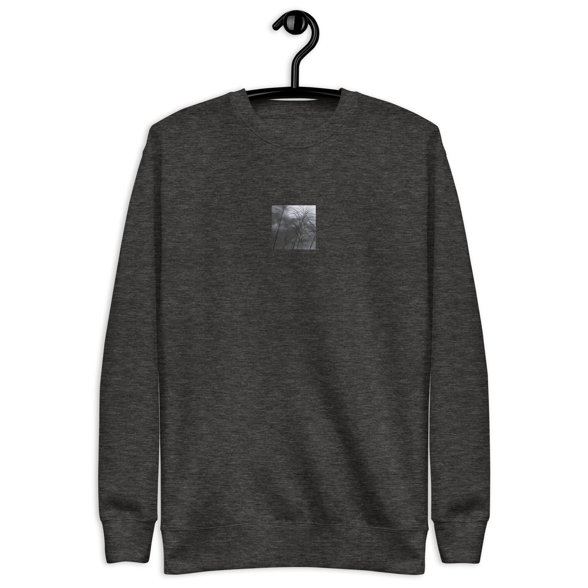 Silver Grass Cluster Botanical B&W Art – Unisex Premium Sweatshirt, Charcoal Heather, Front View