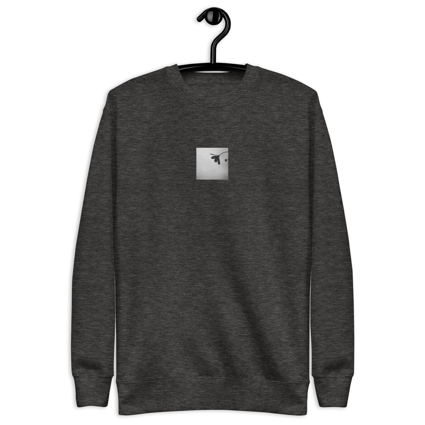 Cosmos Flower Botanical B&W Art – Unisex Premium Sweatshirt, Charcoal Heather, Front View
