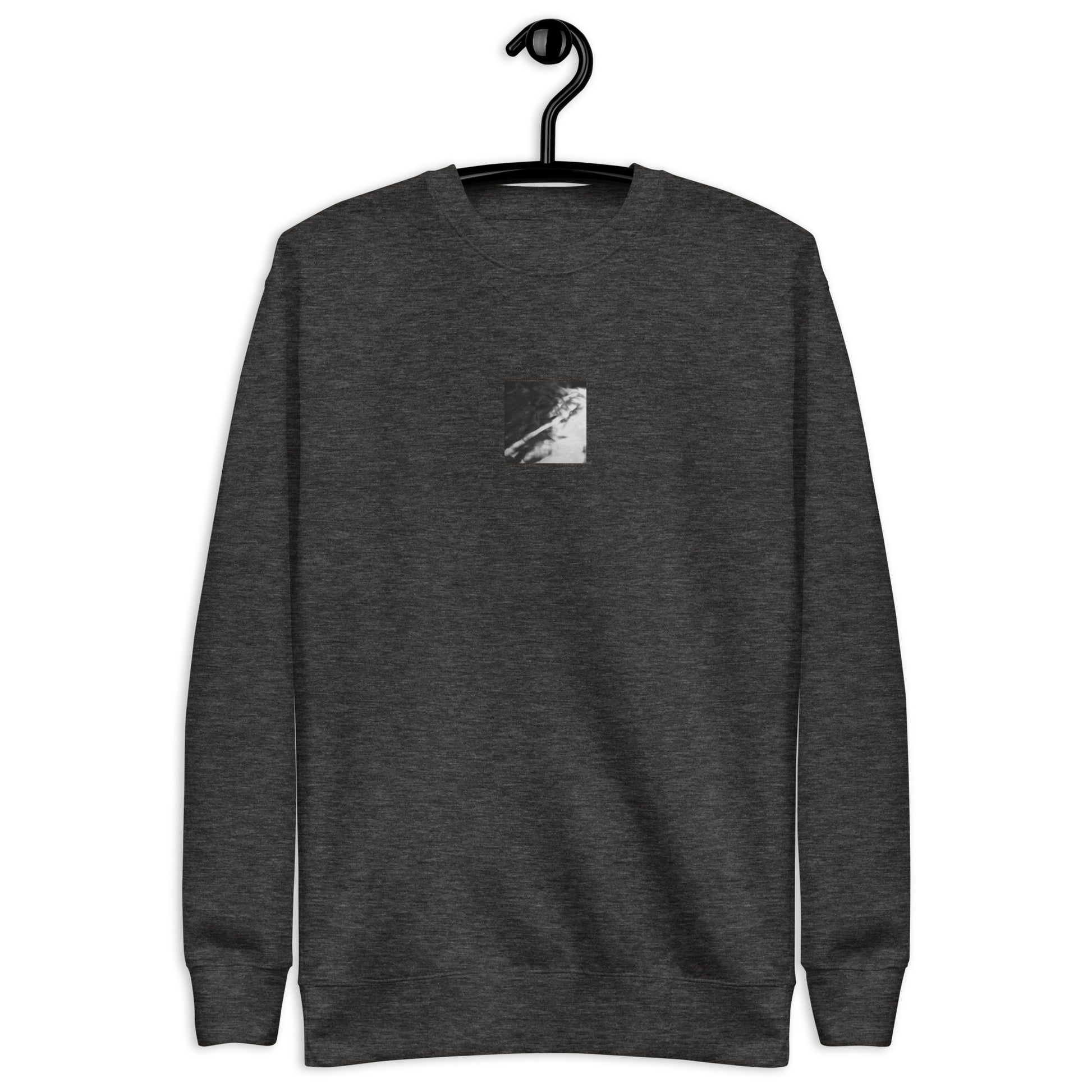 River Surface Botanical B&W Art – Unisex Premium Sweatshirt, Charcoal Heather, Front View