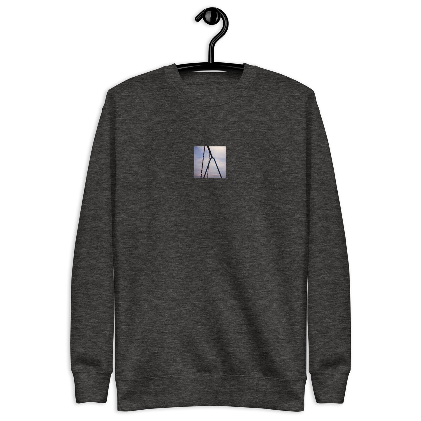 【Charcoal Heather】
Minimalist mode street style oversized charcoal heather unisex premium sweatshirt with a playground swing photo print on the front / モードストリート系オーバーサイズスウェット（チャコールヘザー）、フロントに公園のブランコの写真プリント