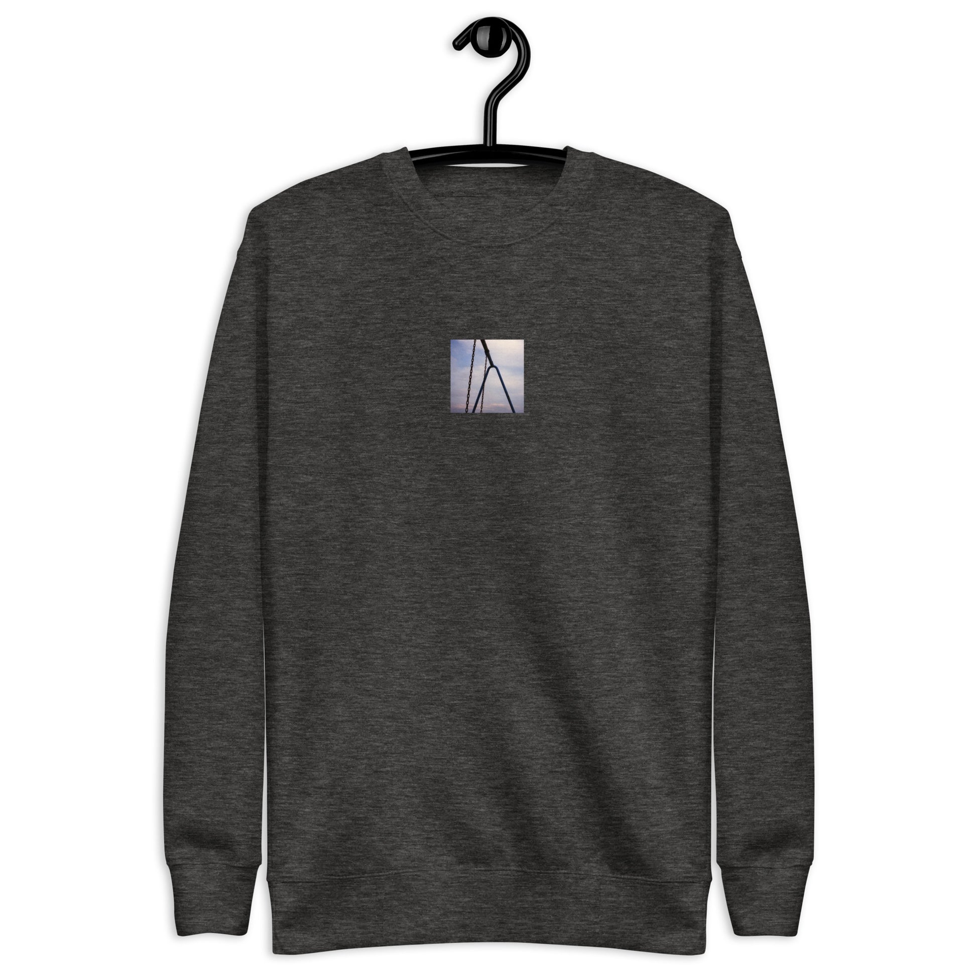 【Charcoal Heather】
Minimalist mode street style oversized charcoal heather unisex premium sweatshirt with a playground swing photo print on the front / モードストリート系オーバーサイズスウェット（チャコールヘザー）、フロントに公園のブランコの写真プリント