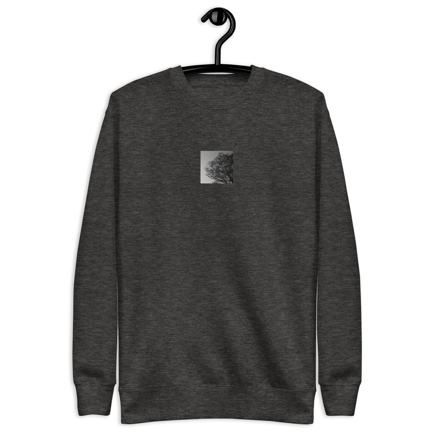 【Charcoal Heather】
Minimalist mode style unisex premium charcoal heather sweatshirt with a 'Tree and Wind' black and white photo print on the front / モードストリート系ユニセックス・プレミアムスウェット（チャコールヘザー）、フロントに「木と風」のモノクロ写真プリント（トレーナー）
