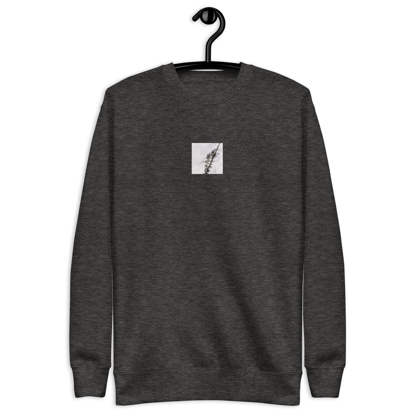 Minimalist mode style unisex premium charcoal heather sweatshirt with a 'Vines Entangled on a Utility Pole' black and white photo print / モードストリート系ユニセックス・プレミアムスウェット（チャコールヘザー）、フロントに「電柱に絡まるツル」のモノクロ写真プリント（スウェット）