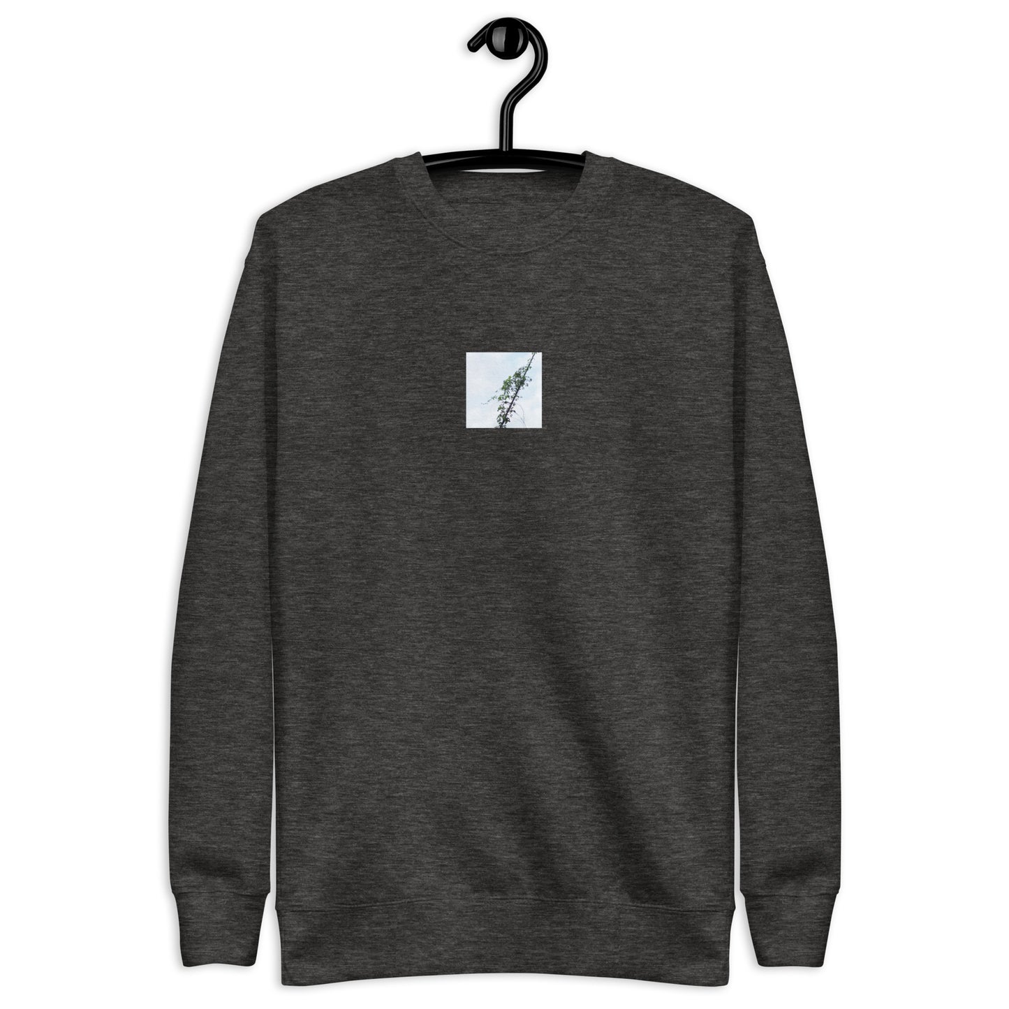 Minimalist mode style unisex premium charcoal heather sweatshirt with a 'Vines Entangled on a Utility Pole' photo print / モードストリート系ユニセックス・プレミアムスウェット（チャコールヘザー）、フロントに「電柱に絡まるツル」の写真プリント（スウェット）
