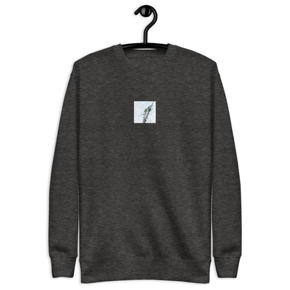 Minimalist mode style unisex premium charcoal heather sweatshirt with a 'Vines Entangled on a Utility Pole' photo print / モードストリート系ユニセックス・プレミアムスウェット（チャコールヘザー）、フロントに「電柱に絡まるツル」の写真プリント（スウェット）