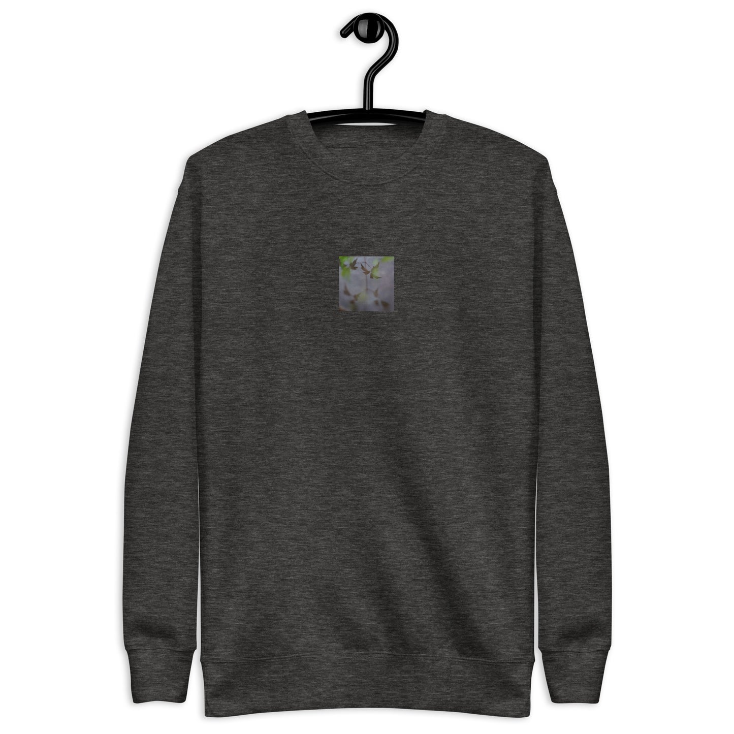 Minimalist mode style unisex charcoal heather premium sweatshirt with a 'Water Surface & Leaves' art print / モードストリート系ユニセックス・チャコールヘザー・プレミアムスウェット、フロントに「水面と葉」のアートプリント（スウェット）