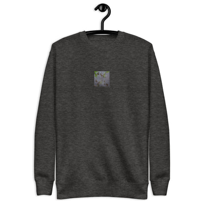 Minimalist mode style unisex charcoal heather premium sweatshirt with a 'Water Surface & Leaves' art print / モードストリート系ユニセックス・チャコールヘザー・プレミアムスウェット、フロントに「水面と葉」のアートプリント（スウェット）