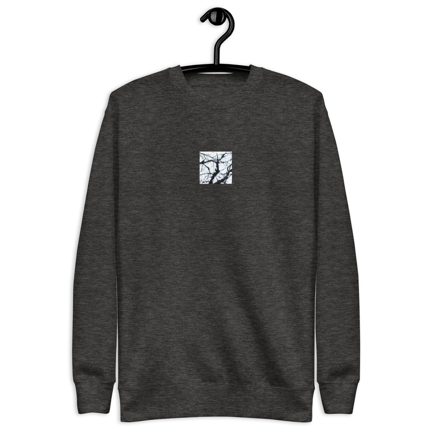 Minimalist mode style unisex charcoal heather premium sweatshirt with a 'Bare Tree' art print / モードストリート系ユニセックス・チャコールヘザー・プレミアムスウェット、フロントに「Bare Tree（枯れ木）」のアートプリント（スウェット）