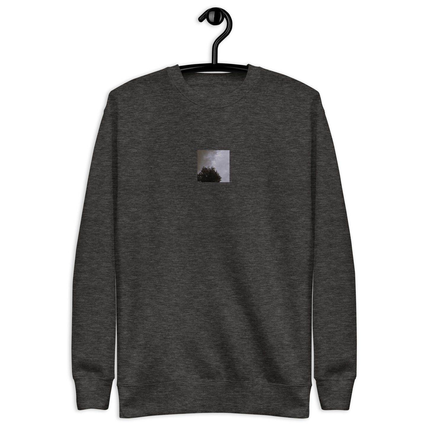 Minimalist mode style unisex charcoal heather premium sweatshirt with a 'Clouds & Tree' black and white photo print / モードストリート系ユニセックス・チャコールヘザー・プレミアムスウェット、フロントに「Clouds & Tree（雲と木）」のモノクロ写真プリント（スウェット）