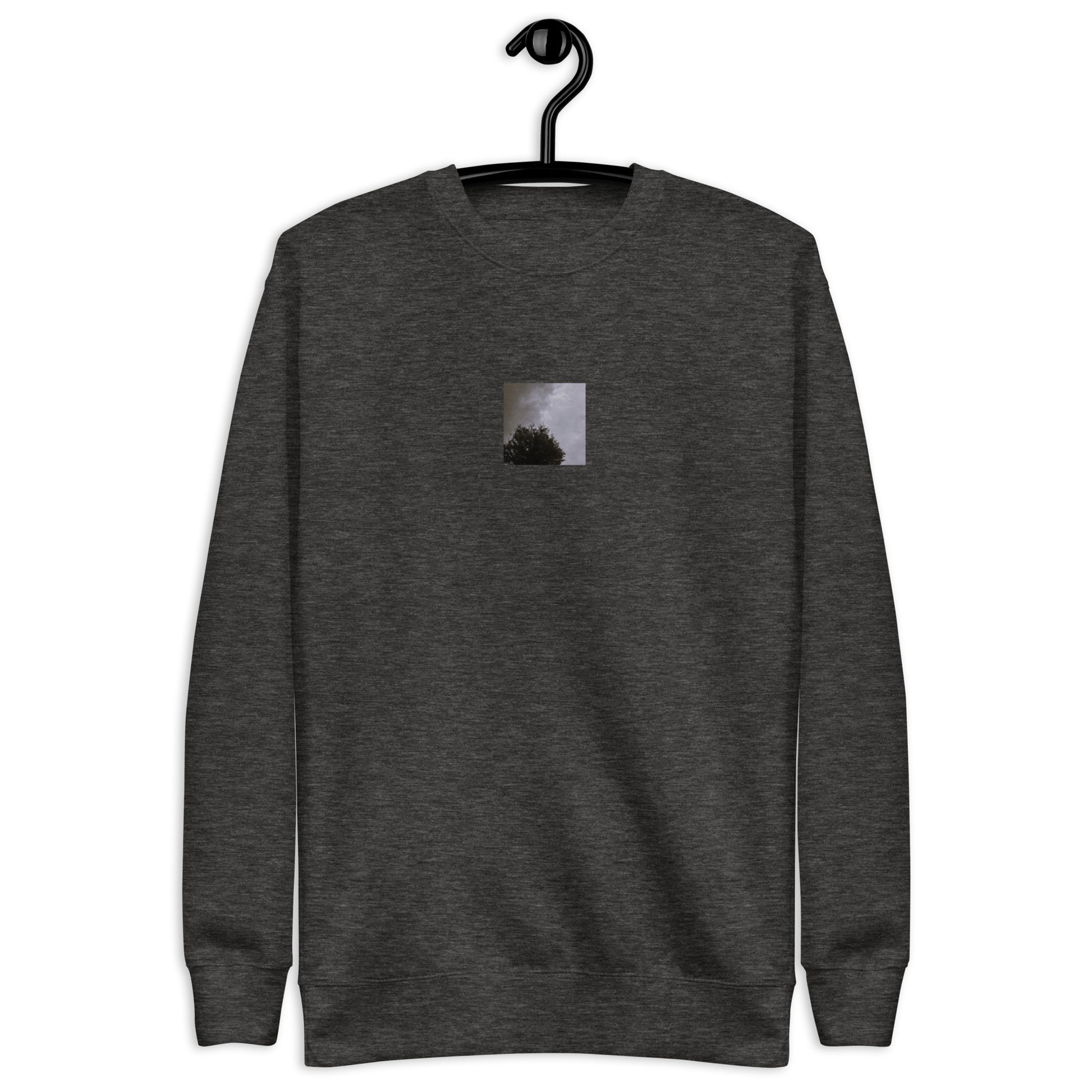 Minimalist mode style unisex charcoal heather premium sweatshirt with a 'Clouds & Tree' black and white photo print / モードストリート系ユニセックス・チャコールヘザー・プレミアムスウェット、フロントに「Clouds & Tree（雲と木）」のモノクロ写真プリント（スウェット）
