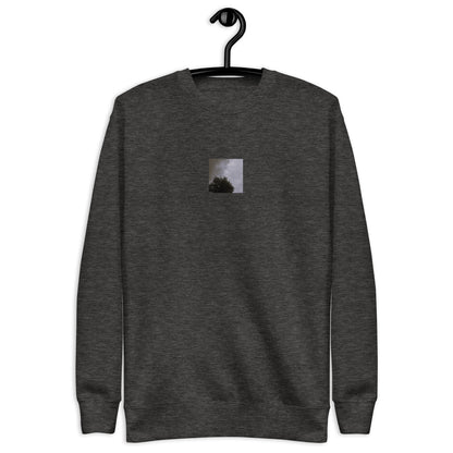 Minimalist mode style unisex charcoal heather premium sweatshirt with a 'Clouds & Tree' black and white photo print / モードストリート系ユニセックス・チャコールヘザー・プレミアムスウェット、フロントに「Clouds & Tree（雲と木）」のモノクロ写真プリント（スウェット）