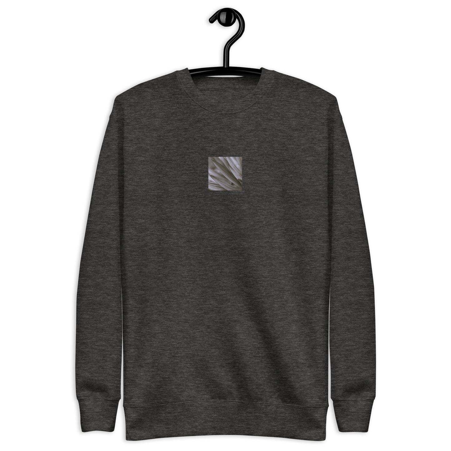 Minimalist mode style unisex charcoal heather premium sweatshirt with a 'Yucca Plant' black and white photo print / モードストリート系ユニセックス・チャコールヘザー・プレミアムスウェット、フロントに「Yucca Plant（ユッカの植物）」のモノクロ写真プリント（スウェット）