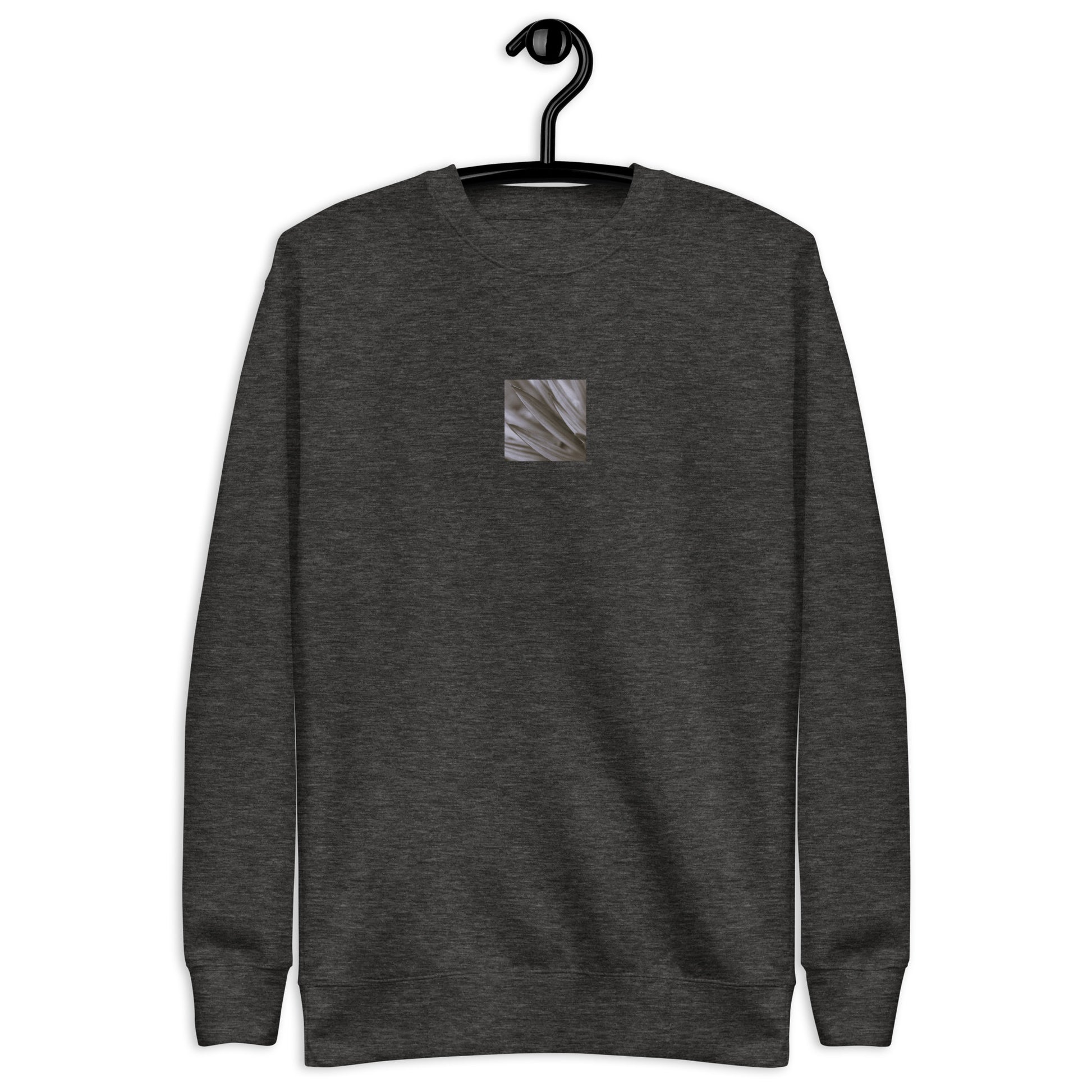 Minimalist mode style unisex charcoal heather premium sweatshirt with a 'Yucca Plant' black and white photo print / モードストリート系ユニセックス・チャコールヘザー・プレミアムスウェット、フロントに「Yucca Plant（ユッカの植物）」のモノクロ写真プリント（スウェット）