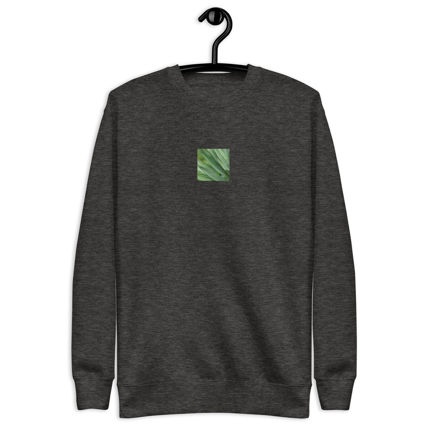 Minimalist streetwear style unisex premium sweatshirt in charcoal heather, featuring a vibrant Yucca plant color photograph on the chest. A versatile, sophisticated piece for everyday wear. / モードストリート系ユニセックス・チャコールヘザー・プレミアムスウェット。フロントにユッカ植物のカラー写真プリント。デイリーユースに最適な洗練された色合い。