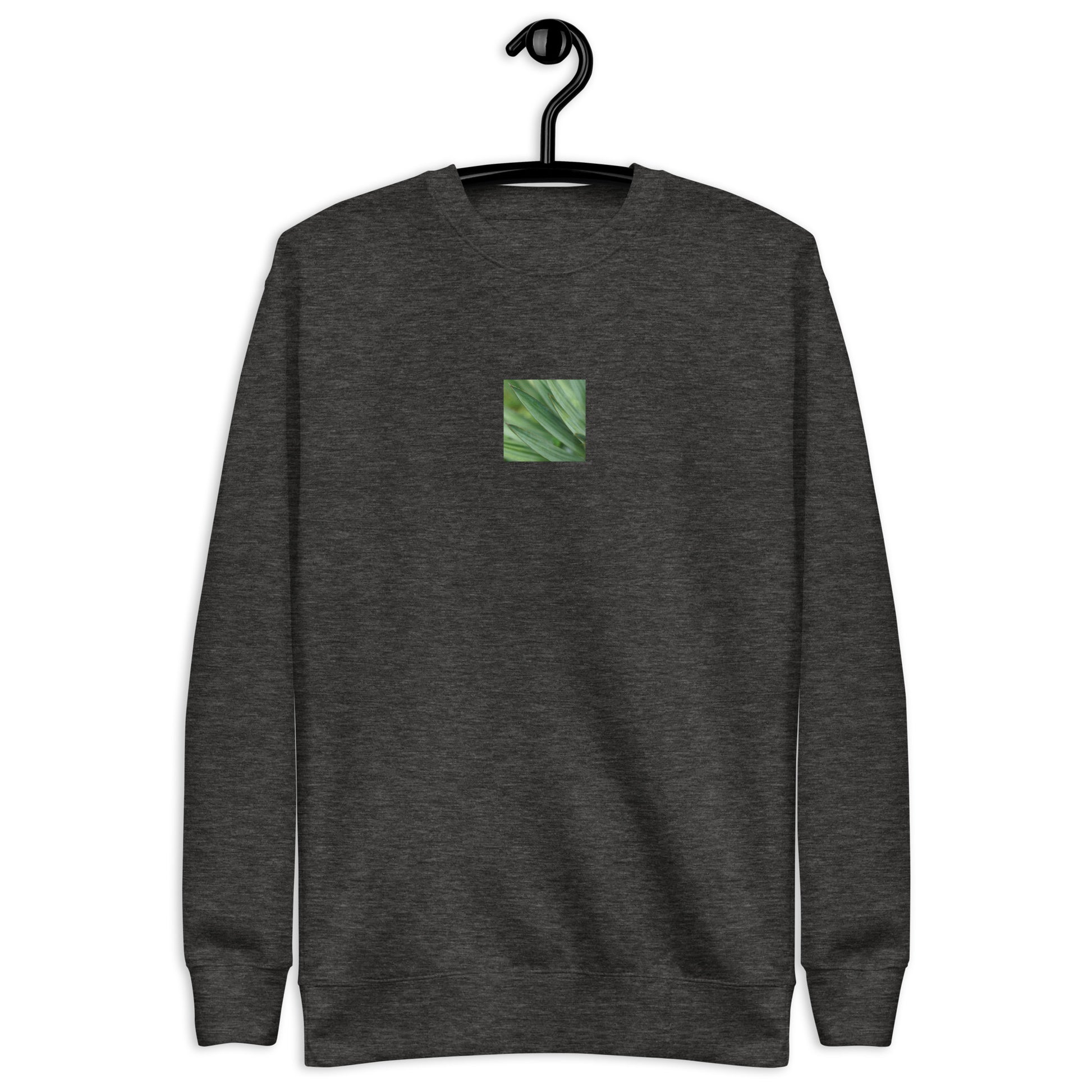Minimalist streetwear style unisex premium sweatshirt in charcoal heather, featuring a vibrant Yucca plant color photograph on the chest. A versatile, sophisticated piece for everyday wear. / モードストリート系ユニセックス・チャコールヘザー・プレミアムスウェット。フロントにユッカ植物のカラー写真プリント。デイリーユースに最適な洗練された色合い。