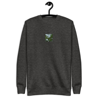 Minimalist streetwear style unisex premium sweatshirt in charcoal heather, featuring a 'Tree Branches' botanical print on the chest. / Tree Branches プレミアム・スウェット（チャコールヘザー）：落ち着いた杢グレーにボタニカルな枝が映える、モダンでミニマルなモードストリート系スウェット。