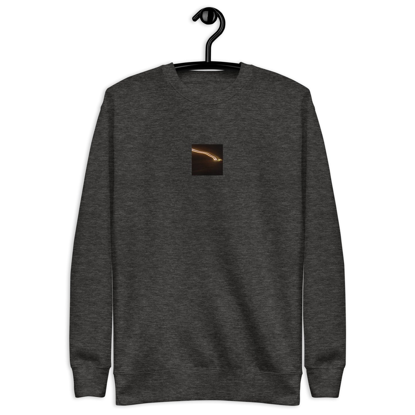 Minimalist streetwear style unisex premium sweatshirt in charcoal heather, featuring a 'Night Car Lights' photograph print on the chest. / Night Car Lights プレミアム・スウェット（チャコールヘザー）：都会的な杢グレーに夜景写真が映える、モダンでミニマルなモードストリート系スウェット。
