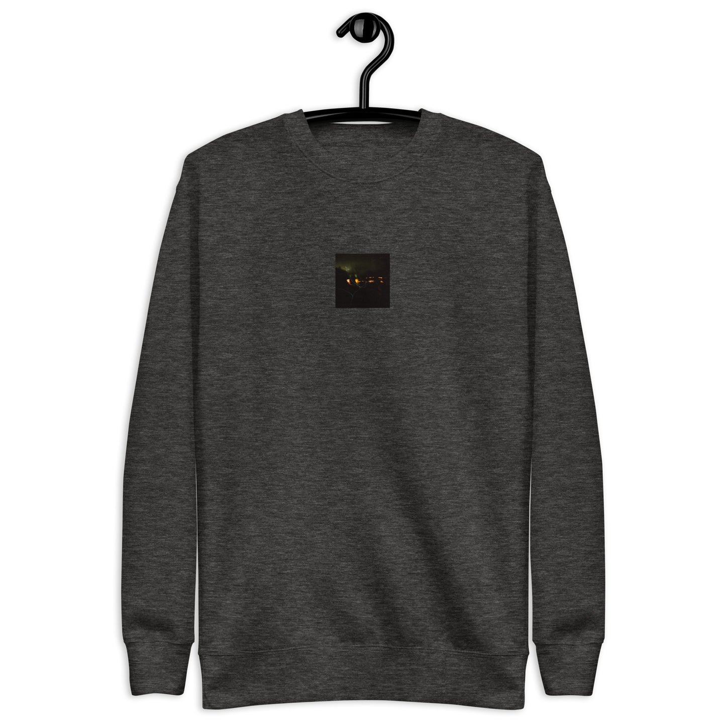 Minimalist streetwear style unisex premium sweatshirt in charcoal heather, featuring a 'Night Light' photograph print on the chest. / Night Light プレミアム・スウェット（チャコールヘザー）：都会的な杢グレーに夜の光の風景写真が映える、モダンでミニマルなモードストリート系スウェット。