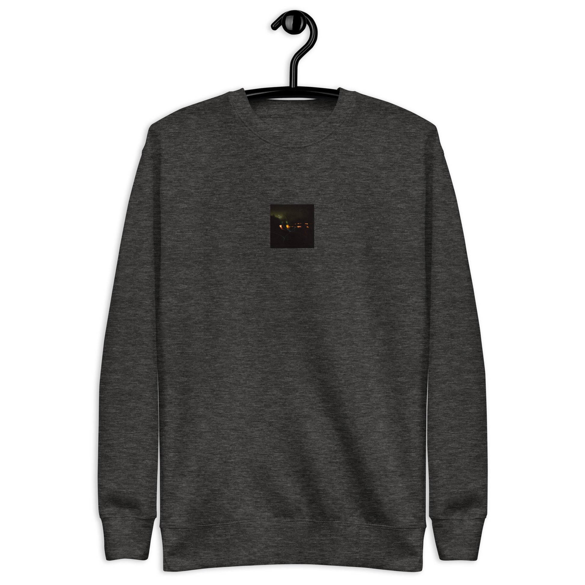 Minimalist streetwear style unisex premium sweatshirt in charcoal heather, featuring a 'Night Light' photograph print on the chest. / Night Light プレミアム・スウェット（チャコールヘザー）：都会的な杢グレーに夜の光の風景写真が映える、モダンでミニマルなモードストリート系スウェット。