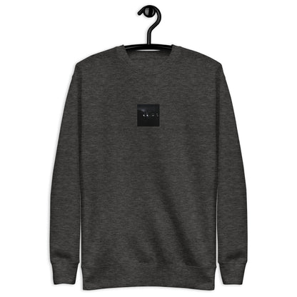 Minimalist streetwear style unisex premium sweatshirt in charcoal heather, featuring a 'Night Light (B&W)' photograph print on the chest. / Night Light (B&W) プレミアム・スウェット（チャコールヘザー）：都会的な杢グレーに夜の光のモノクロ風景写真が映える、モダンでミニマルなモードストリート系スウェット。