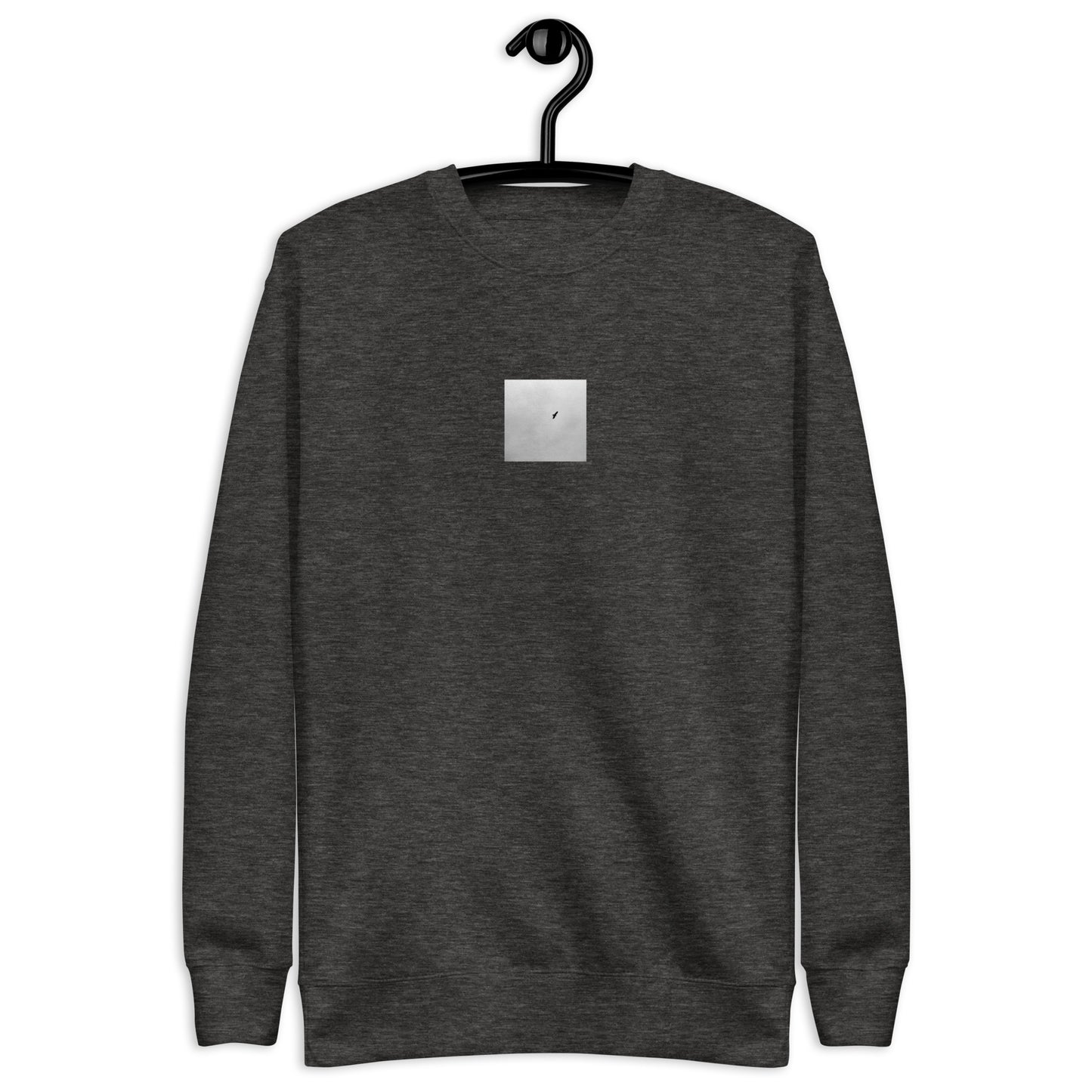 Minimalist streetwear style unisex premium sweatshirt in charcoal heather, featuring a 'Bird and Sky (B&W)' photograph print on the chest. / Bird and Sky (B&W) プレミアム・スウェット（チャコールヘザー）：都会的な杢グレーに鳥と空のモノクロ写真が映える、モダンでミニマルなモードストリート系スウェット。