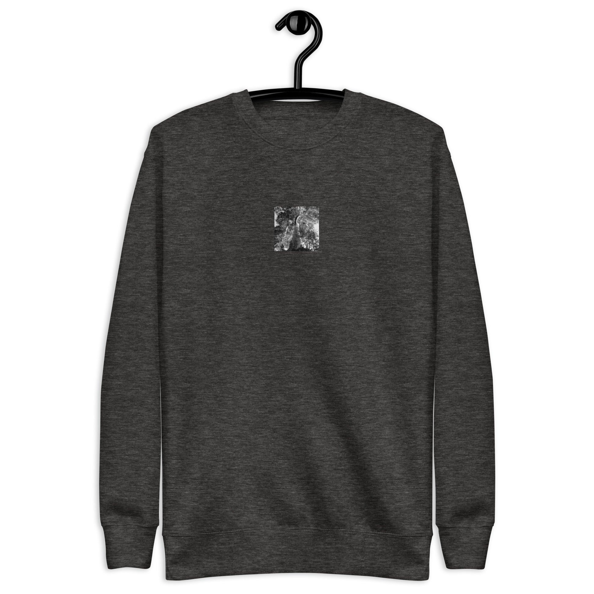 Minimalist streetwear style unisex premium sweatshirt in charcoal heather featuring the 'Eucalyptus Tree (B&W)' photo art on the front. / モードストリート系ユニセックス・プレミアム・スウェットシャツ（チャコールヘザー）フロントに「ユーカリの木（モノクロ）」のフォトアートを配したデザイン。
