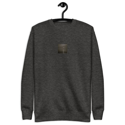 Minimalist streetwear style unisex premium sweatshirt in charcoal heather featuring the 'Sea and Sunshine (B&W)' photo art on the front. / モードストリート系ユニセックス・プレミアム・スウェットシャツ（チャコールヘザー）フロントに「海と太陽（モノクロ）」のフォトアートを配したデザイン。