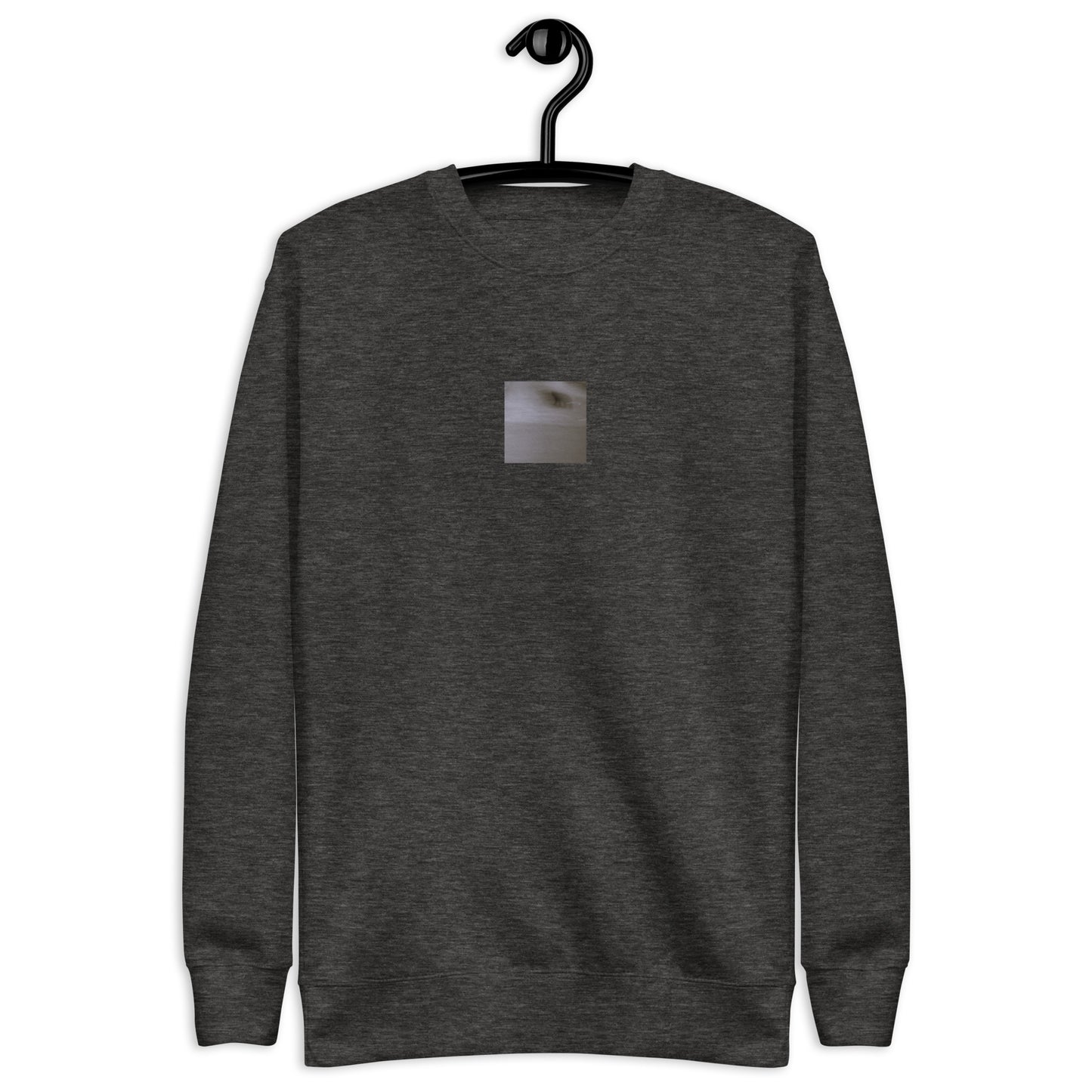 Minimalist streetwear style unisex premium sweatshirt in charcoal heather featuring the 'Cat (B&W)' photo art on the front. / モードストリート系ユニセックス・プレミアム・スウェットシャツ（チャコールヘザー）フロントに「猫（モノクロ）」のフォトアートを配したデザイン。
