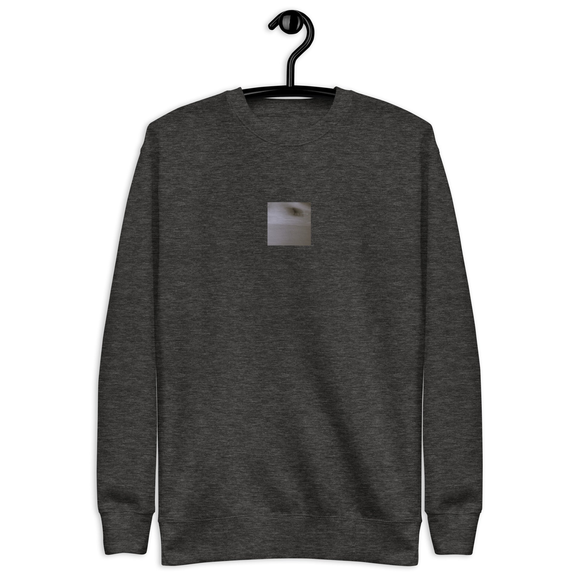 Minimalist streetwear style unisex premium sweatshirt in charcoal heather featuring the 'Cat (B&W)' photo art on the front. / モードストリート系ユニセックス・プレミアム・スウェットシャツ（チャコールヘザー）フロントに「猫（モノクロ）」のフォトアートを配したデザイン。