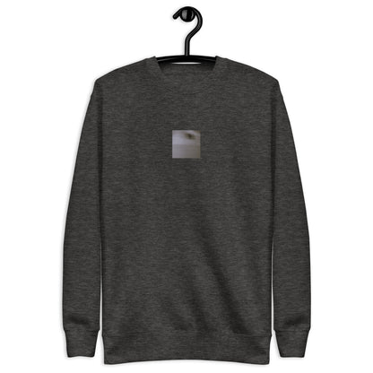 Minimalist streetwear style unisex premium sweatshirt in charcoal heather featuring the 'Cat (B&W)' photo art on the front. / モードストリート系ユニセックス・プレミアム・スウェットシャツ（チャコールヘザー）フロントに「猫（モノクロ）」のフォトアートを配したデザイン。