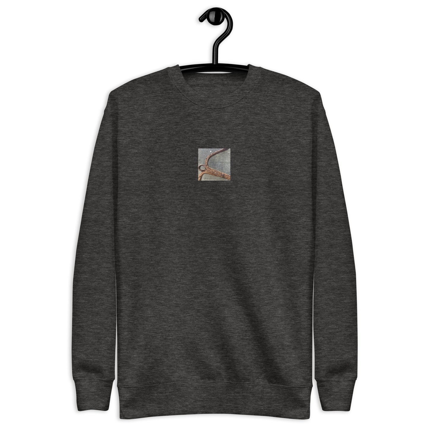 Minimalist streetwear style unisex premium sweatshirt in charcoal heather featuring the 'Anchor' photo art on the front. / モードストリート系ユニセックス・プレミアム・スウェットシャツ（チャコールヘザー）フロントに「アンカー（錨）」のフォトアートを配したデザイン。