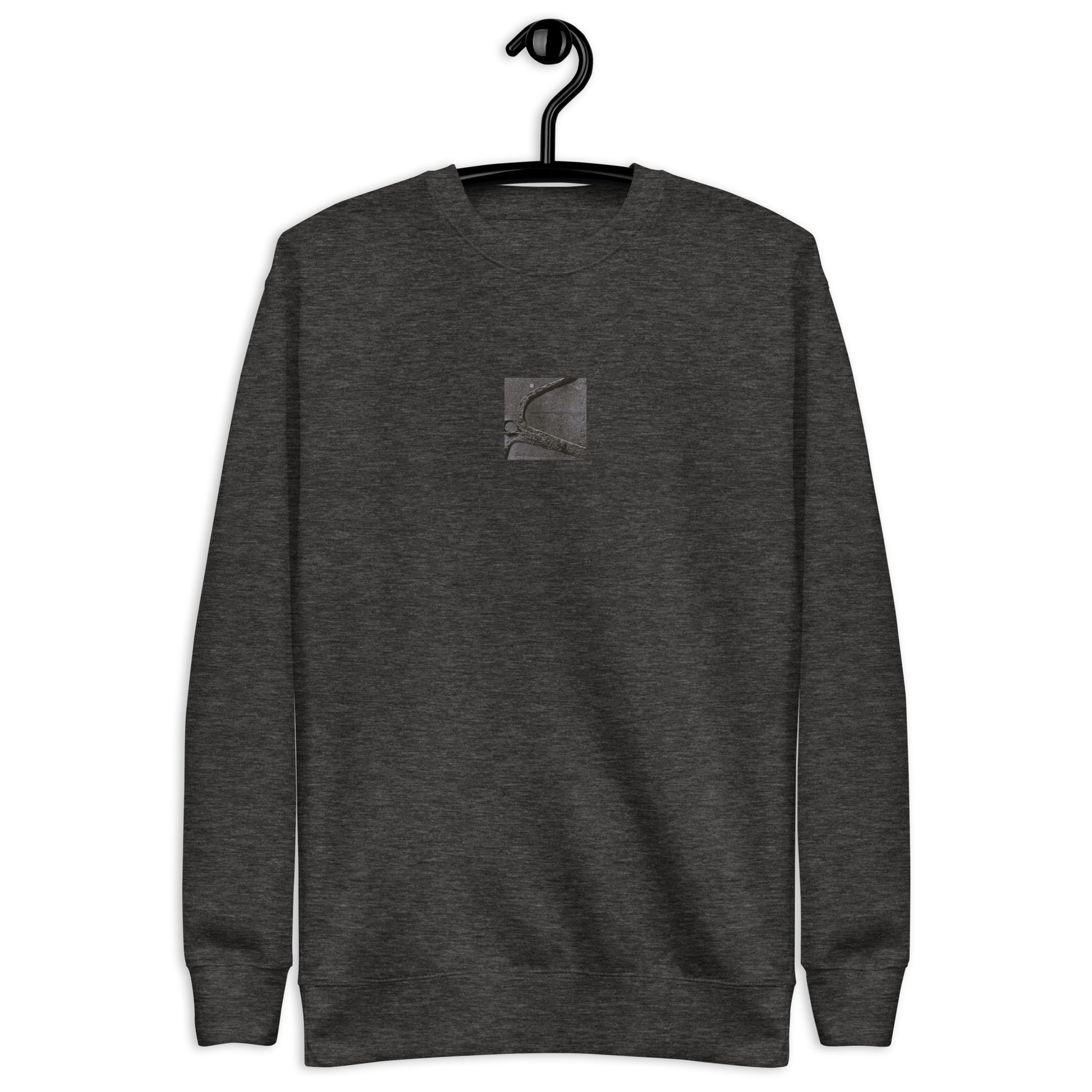 Minimalist streetwear style unisex premium sweatshirt in charcoal heather featuring the 'Anchor (B&W)' photo art on the front. / モードストリート系ユニセックス・プレミアム・スウェットシャツ（チャコールヘザー）フロントに「アンカー（錨・モノクロ）」のフォトアートを配したデザイン。