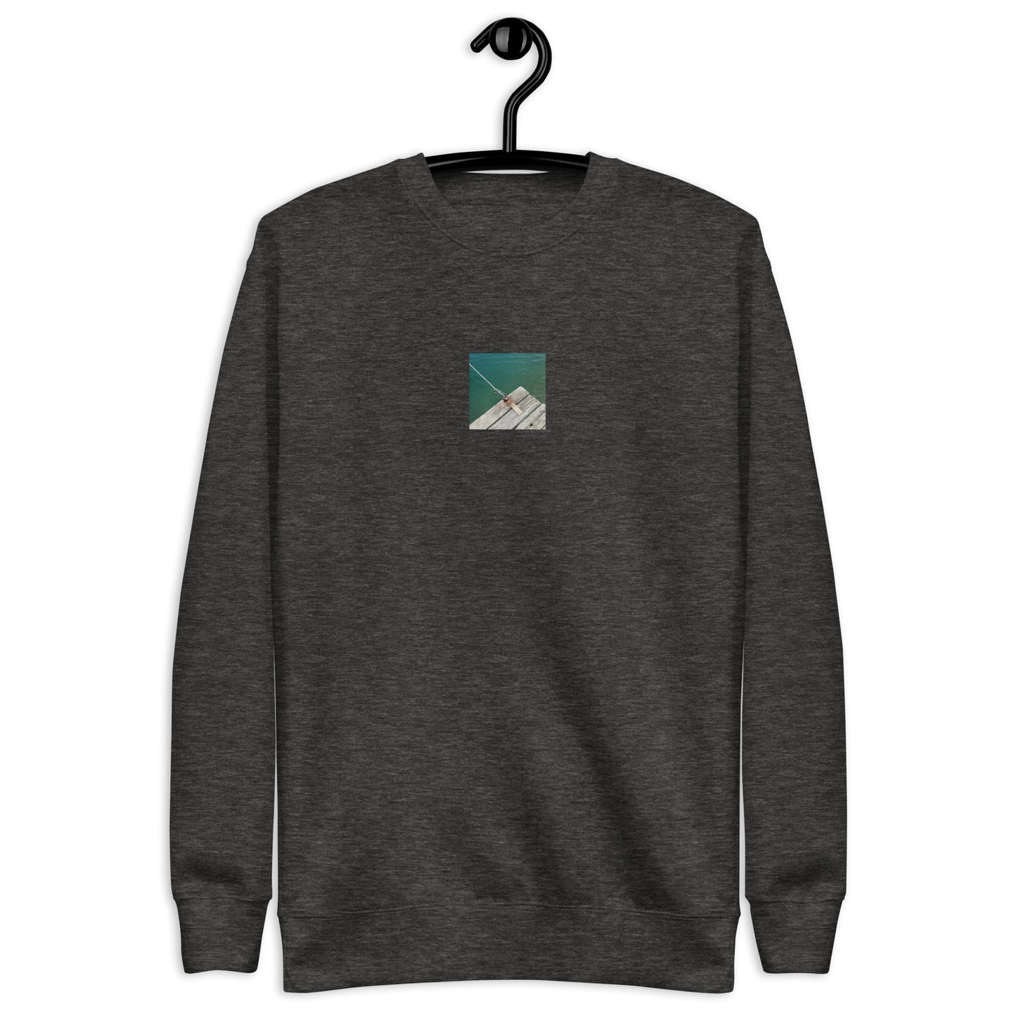 Minimalist streetwear style unisex premium sweatshirt in charcoal heather featuring the 'Sea, Pier and Rope' photo art on the front. / モードストリート系ユニセックス・プレミアム・スウェットシャツ（チャコールヘザー）フロントに「海、桟橋、ロープ」のフォトアートを配したデザイン。