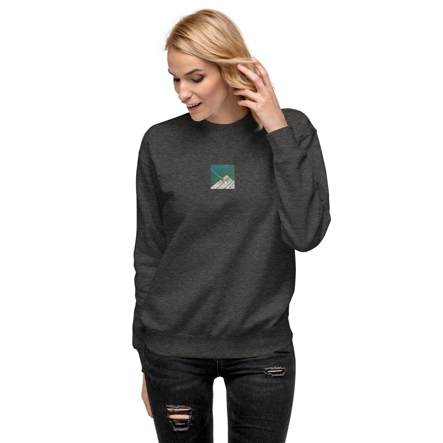 Minimalist streetwear style unisex premium sweatshirt in charcoal heather featuring the 'Sea, Pier and Rope' photo art on the front. / モードストリート系ユニセックス・プレミアム・スウェットシャツ（チャコールヘザー）フロントに「海、桟橋、ロープ」のフォトアートを配したデザイン。