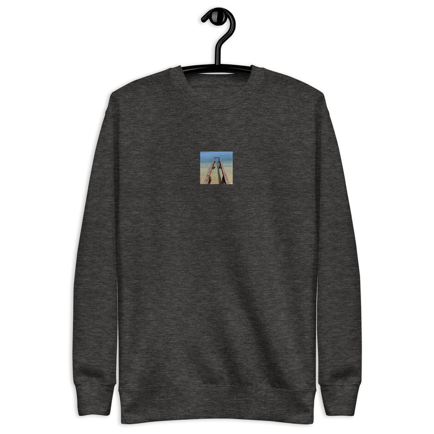 Minimalist streetwear style unisex premium sweatshirt in charcoal heather featuring the 'Sea and Pier' photo art on the front. / モードストリート系ユニセックス・プレミアム・スウェットシャツ（チャコールヘザー）フロントに「海と桟橋」のフォトアートを配したデザイン。