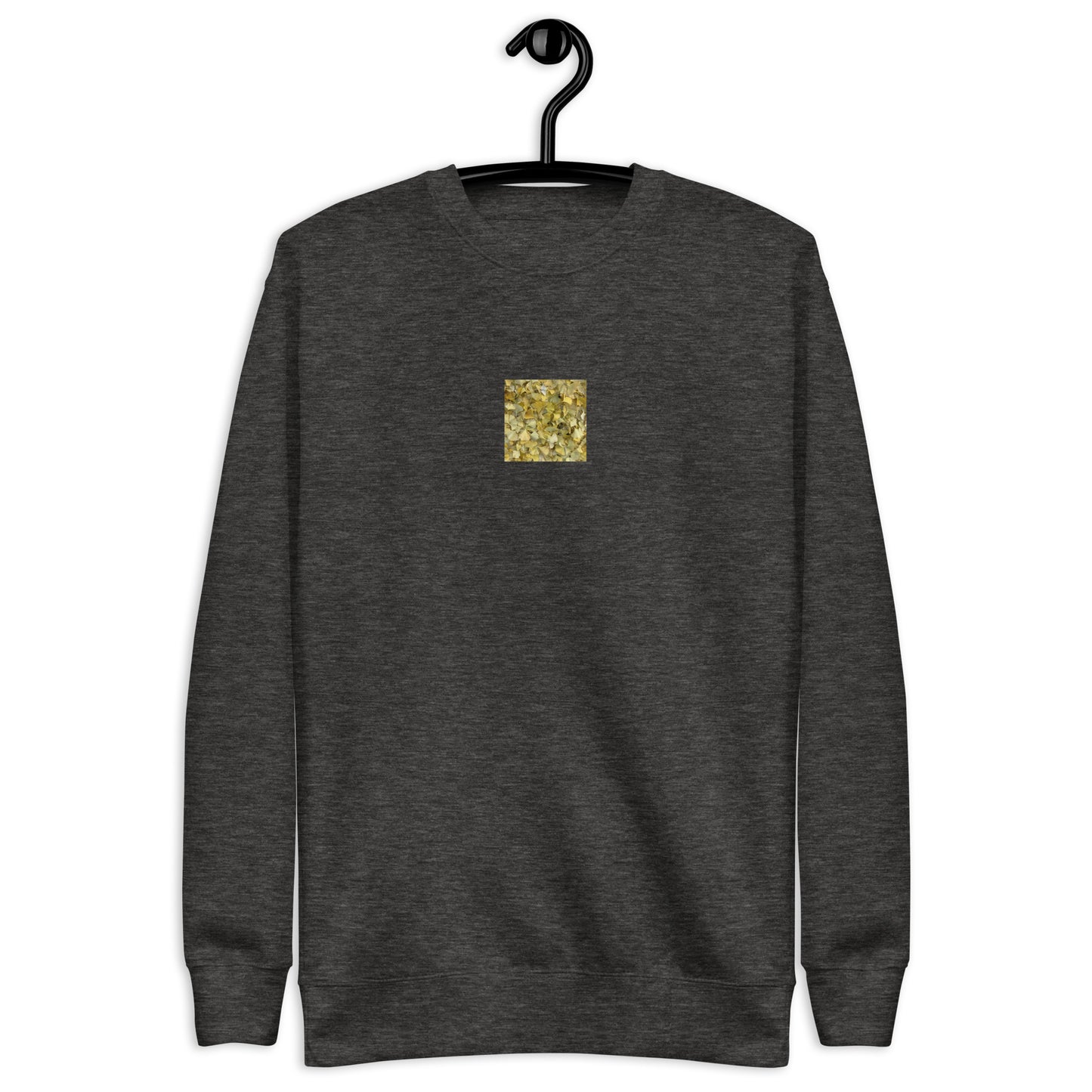 Minimalist streetwear style unisex premium sweatshirt in charcoal heather featuring the 'Ginkgo Fallen Leaves' photo art on the front. / モードストリート系ユニセックス・プレミアム・スウェットシャツ（チャコールヘザー）フロントに「イチョウの落ち葉」のフォトアートを配したデザイン。