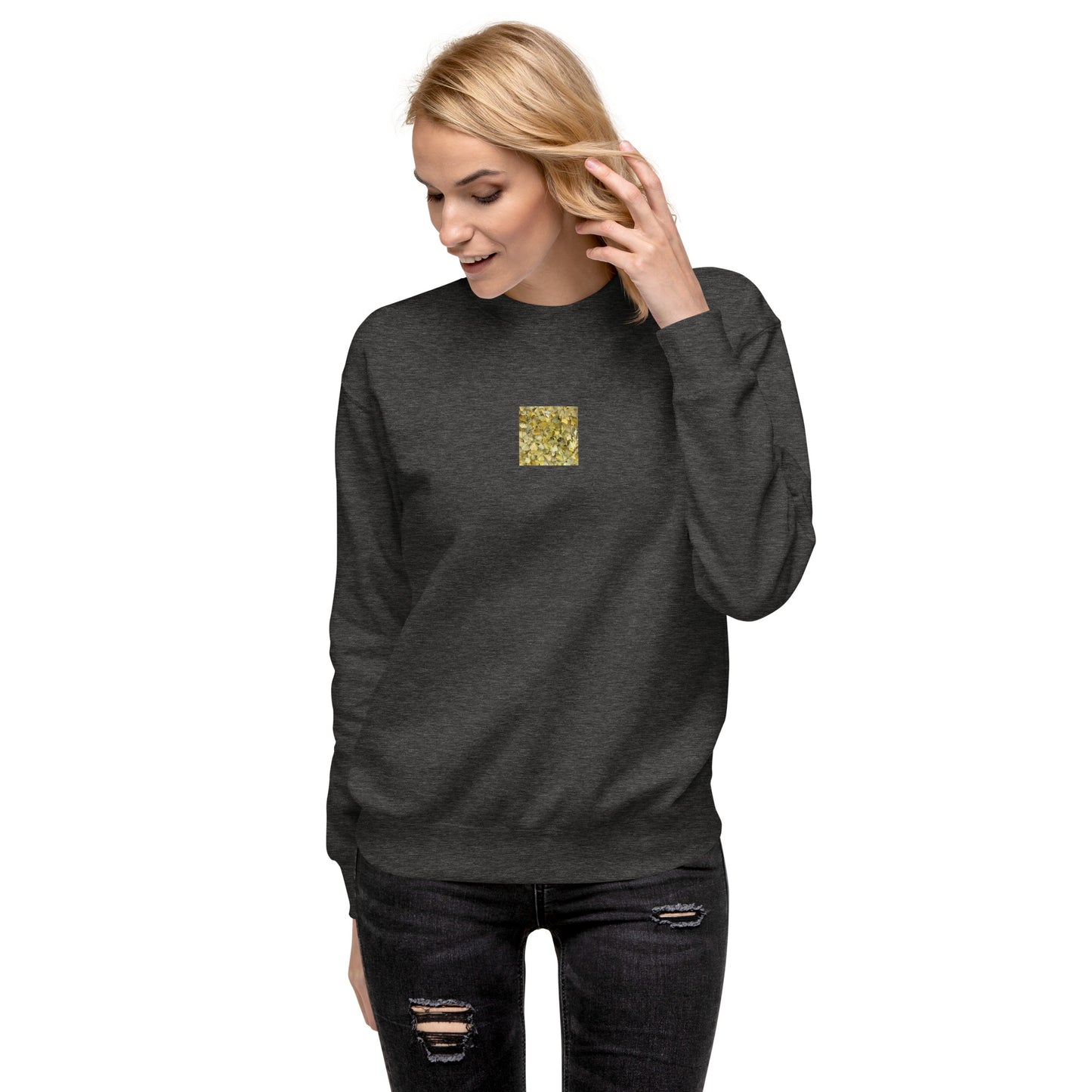 Minimalist streetwear style unisex premium sweatshirt in charcoal heather featuring the 'Ginkgo Fallen Leaves' photo art on the front. / モードストリート系ユニセックス・プレミアム・スウェットシャツ（チャコールヘザー）フロントに「イチョウの落ち葉」のフォトアートを配したデザイン。