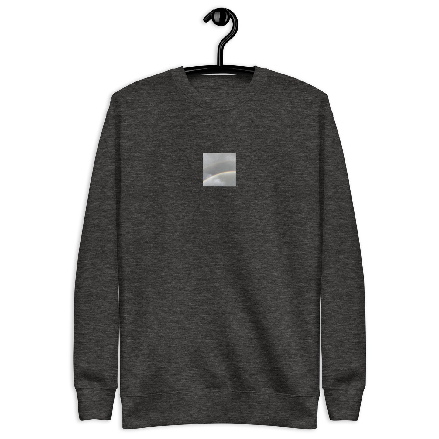 Minimalist streetwear style unisex premium sweatshirt in charcoal heather featuring the 'Double Rainbow' photo art on the front. / モードストリート系ユニセックス・プレミアム・スウェットシャツ（チャコールヘザー）フロントに「ダブルレインボー」のフォトアートを配したデザイン。