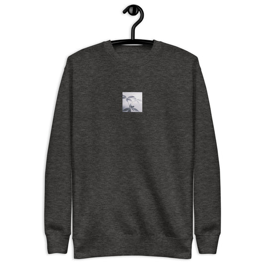 Minimalist streetwear style unisex premium sweatshirt in charcoal heather featuring the 'Botanical (B&W)' photo art on the front. / モードストリート系ユニセックス・プレミアム・スウェットシャツ（チャコールヘザー）フロントに「ボタニカル (モノクロ)」のフォトアートを配したデザイン。