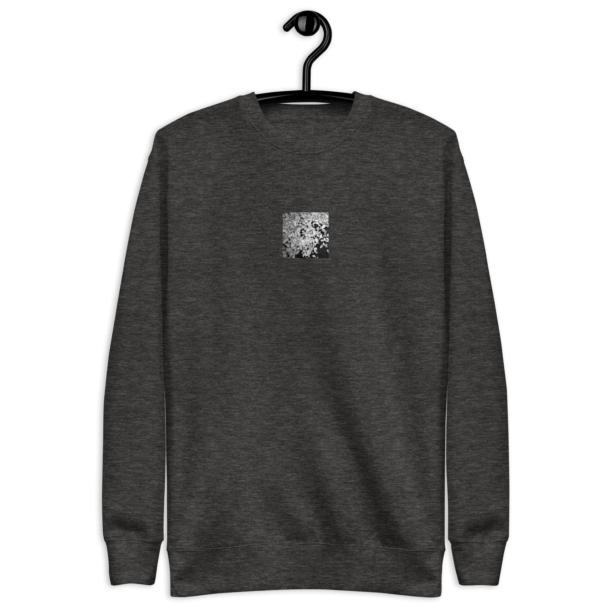 Minimalist streetwear style unisex premium sweatshirt in charcoal heather featuring the 'Ginkgo Biloba (B&W)' photo art on the front. / モードストリート系ユニセックス・プレミアム・スウェットシャツ（チャコールヘザー）フロントに「イチョウ (モノクロ)」のフォトアートを配したデザイン。