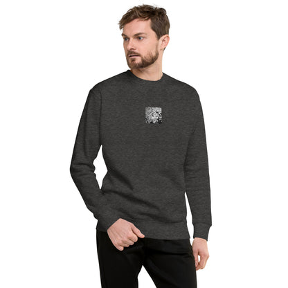 Minimalist streetwear style unisex premium sweatshirt in charcoal heather featuring the 'Ginkgo Biloba (B&W)' photo art on the front. / モードストリート系ユニセックス・プレミアム・スウェットシャツ（チャコールヘザー）フロントに「イチョウ (モノクロ)」のフォトアートを配したデザイン。