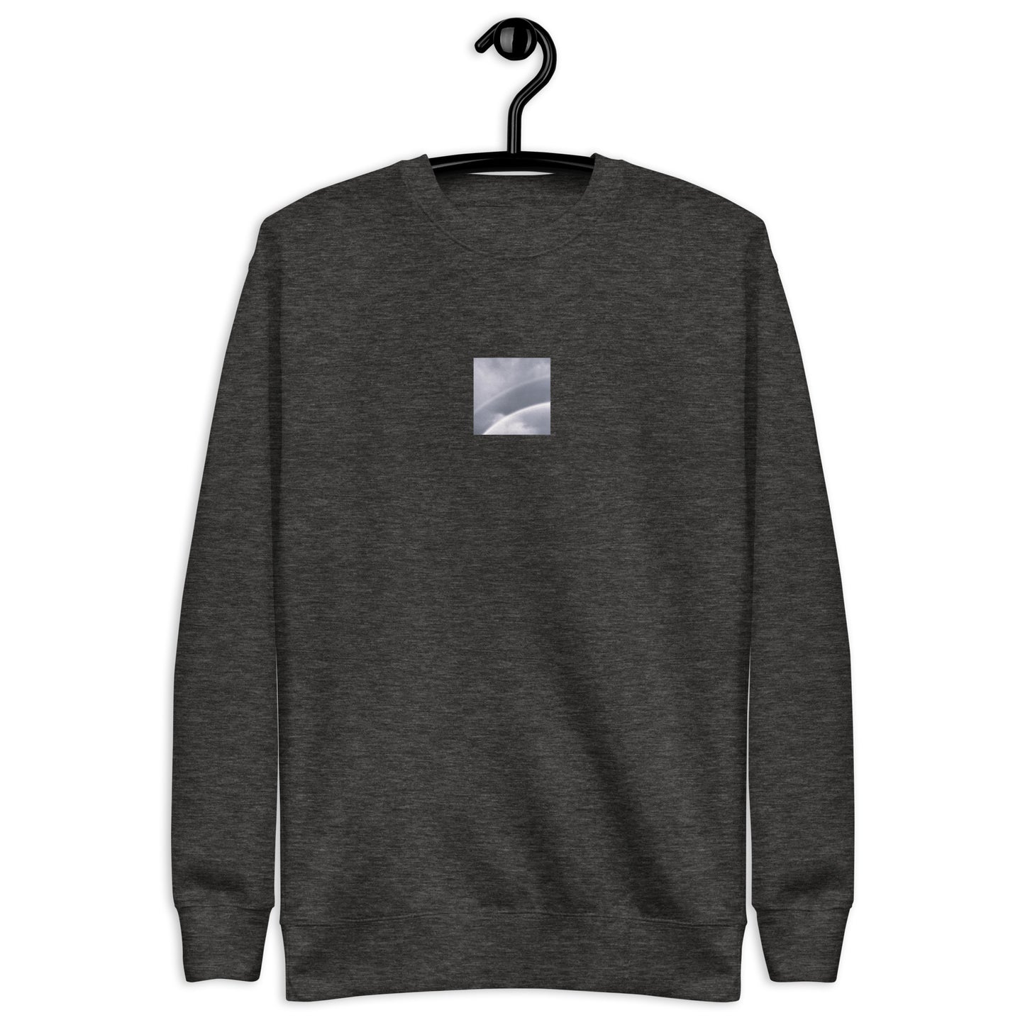 Minimalist streetwear style unisex premium sweatshirt in charcoal heather featuring the 'Double Rainbow (B&W)' photo art on the front. / モードストリート系ユニセックス・プレミアム・スウェットシャツ（チャコールヘザー）フロントに「ダブルレインボー (モノクロ)」のフォトアートを配したデザイン。