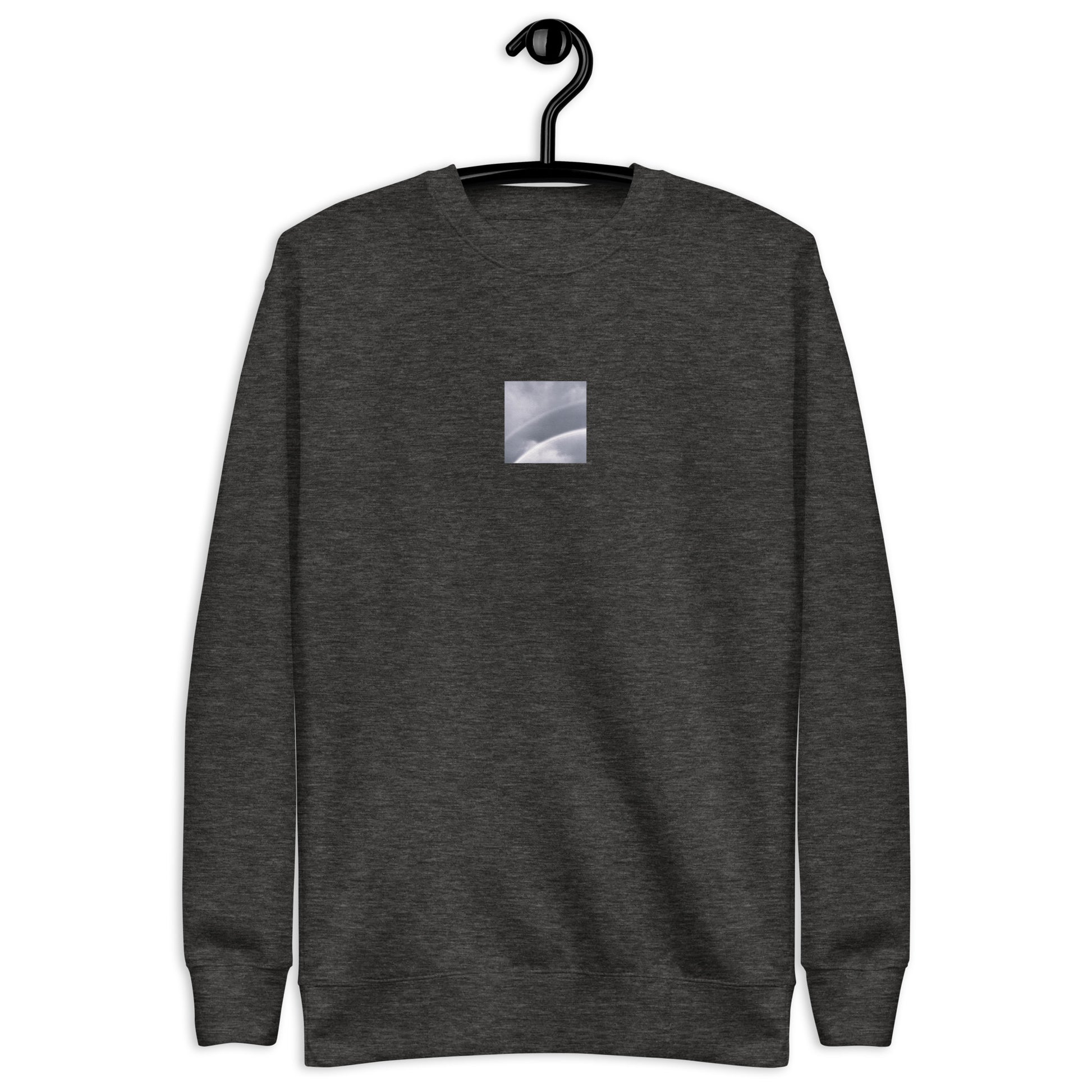 Minimalist streetwear style unisex premium sweatshirt in charcoal heather featuring the 'Double Rainbow (B&W)' photo art on the front. / モードストリート系ユニセックス・プレミアム・スウェットシャツ（チャコールヘザー）フロントに「ダブルレインボー (モノクロ)」のフォトアートを配したデザイン。