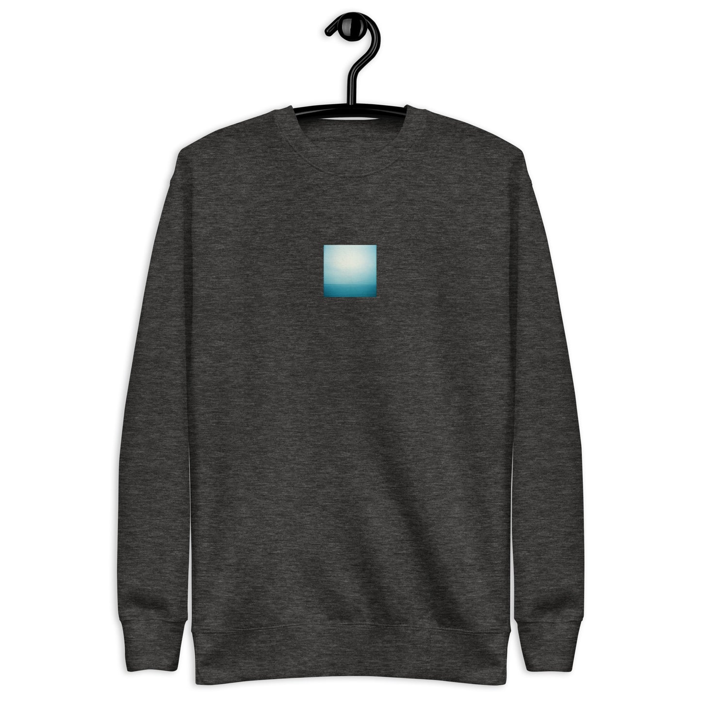 Minimalist streetwear style unisex premium sweatshirt in charcoal heather featuring the 'Ocean Horizon' photo art on the front. / モードストリート系ユニセックス・プレミアム・スウェットシャツ（チャコールヘザー）フロントに「オーシャンホライズン」のフォトアートを配したデザイン。