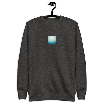 Minimalist streetwear style unisex premium sweatshirt in charcoal heather featuring the 'Ocean Horizon' photo art on the front. / モードストリート系ユニセックス・プレミアム・スウェットシャツ（チャコールヘザー）フロントに「オーシャンホライズン」のフォトアートを配したデザイン。