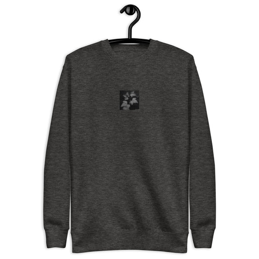 Minimalist streetwear style unisex premium sweatshirt in charcoal heather featuring the 'ivy (B&W)' photo art on the front. / モードストリート系ユニセックス・プレミアム・スウェットシャツ（チャコールヘザー）フロントに「アイビー（モノクロ）」のフォトアートを配したデザイン。