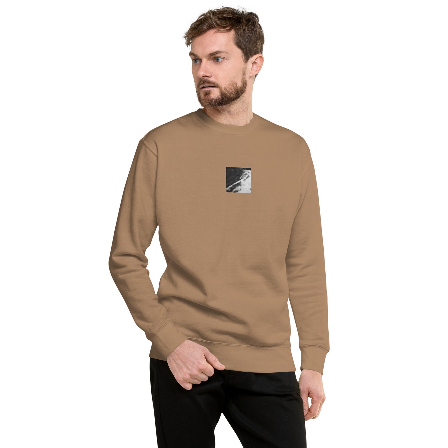 River Surface Botanical B&W Art – Unisex Premium Sweatshirt, Latte, Front View