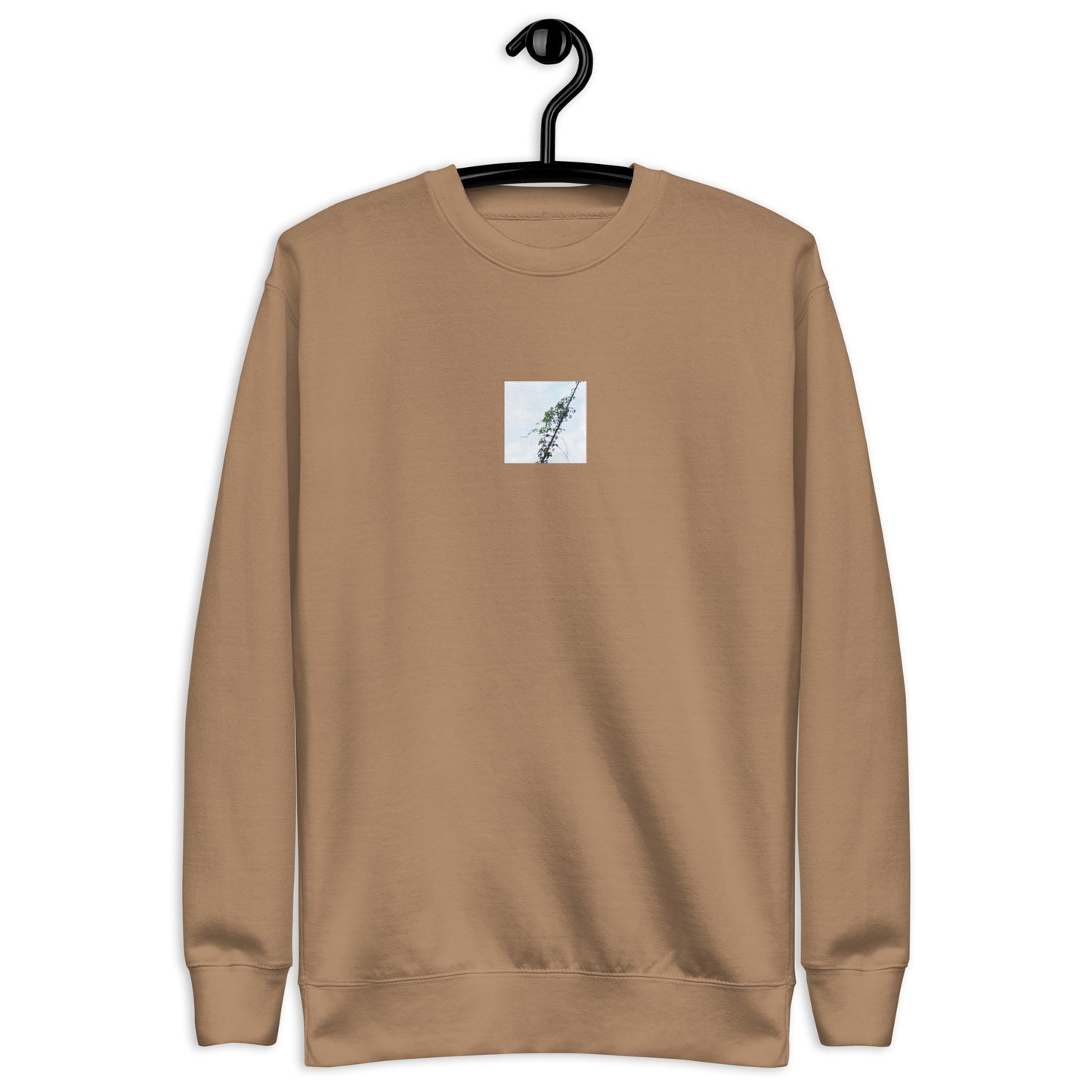 Minimalist mode style unisex premium latte sweatshirt with a 'Vines Entangled on a Utility Pole' photo print / モードストリート系ユニセックス・プレミアムスウェット（ラテ）、フロントに「電柱に絡まるツル」の写真プリント（スウェット）